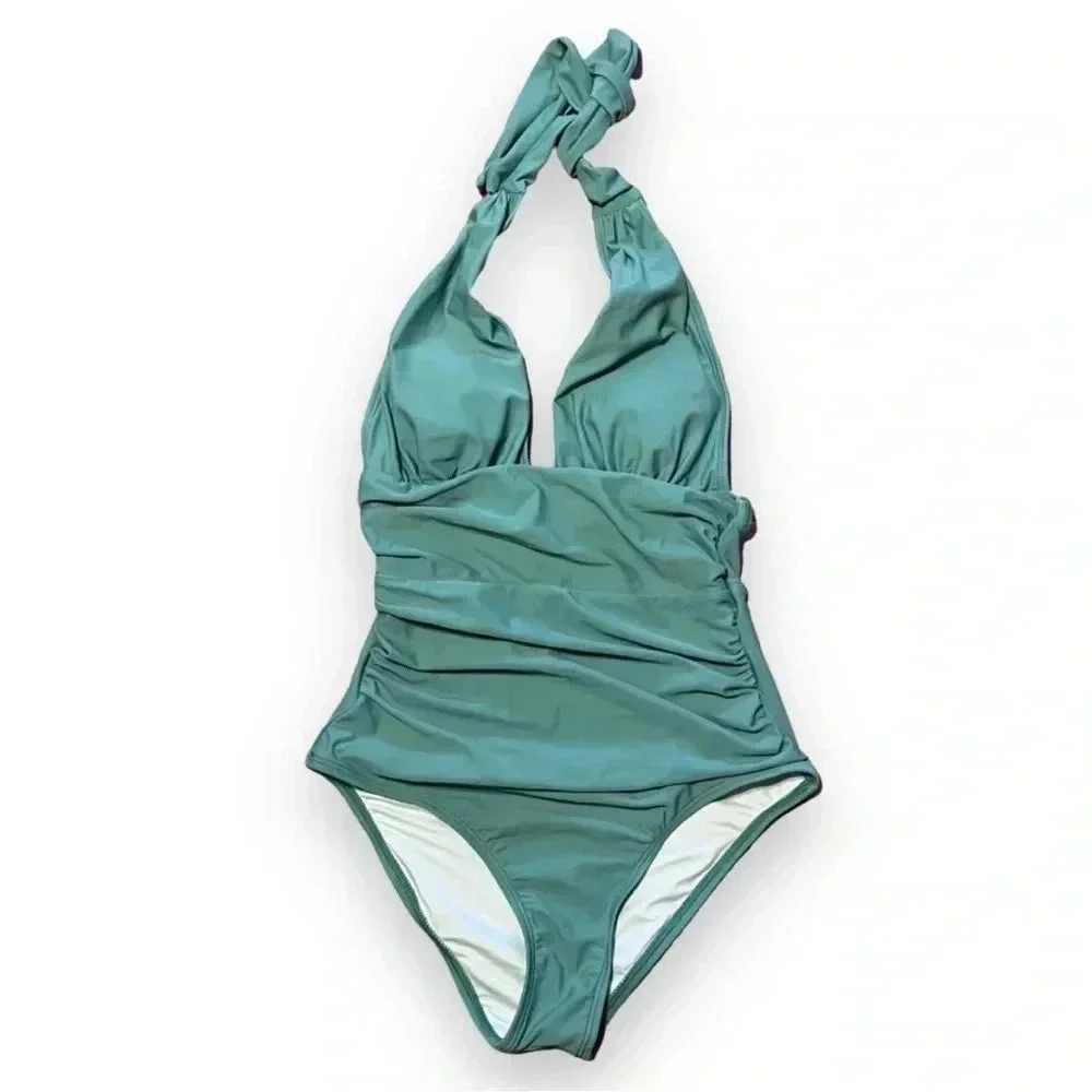 Cupshe XS Green One-Piece Halter Tie Bathing Suit - Picture 3 of 7
